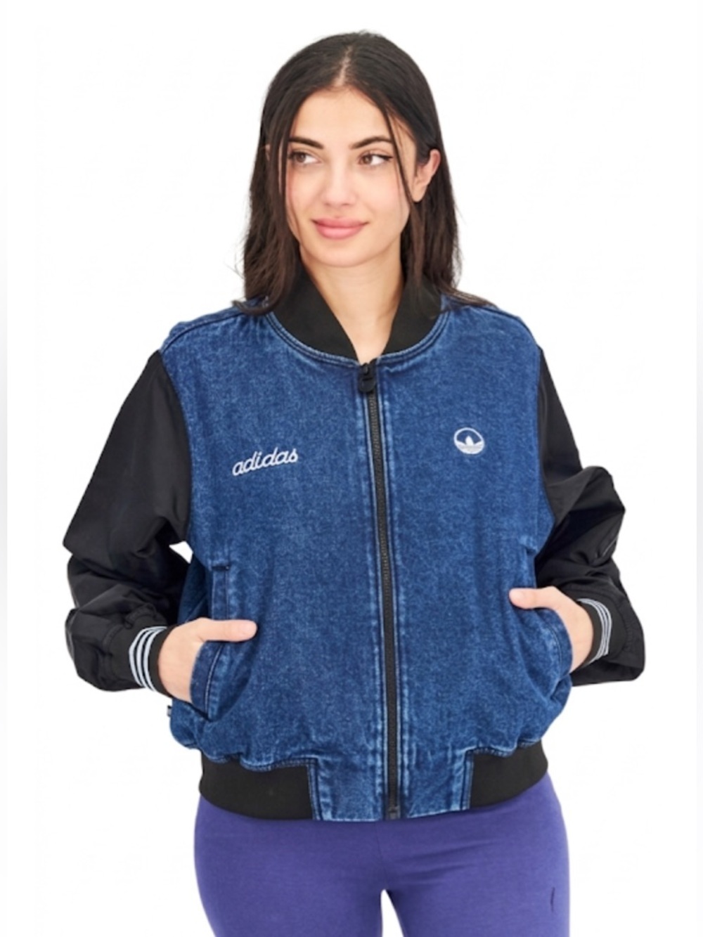 Adidas Originals SST Denim Graphic Varsity Bomber Jacket Size Medium Like New!